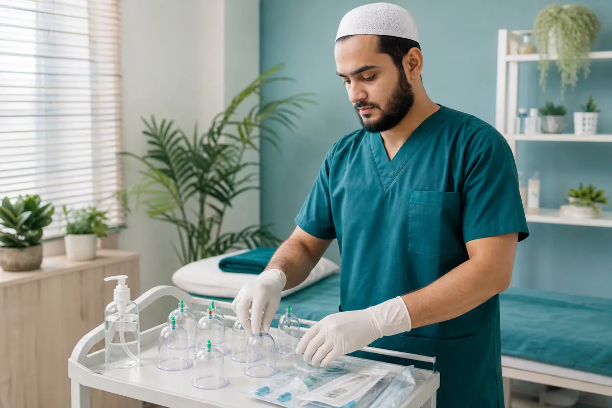 A calm, professional Hijama consultation room